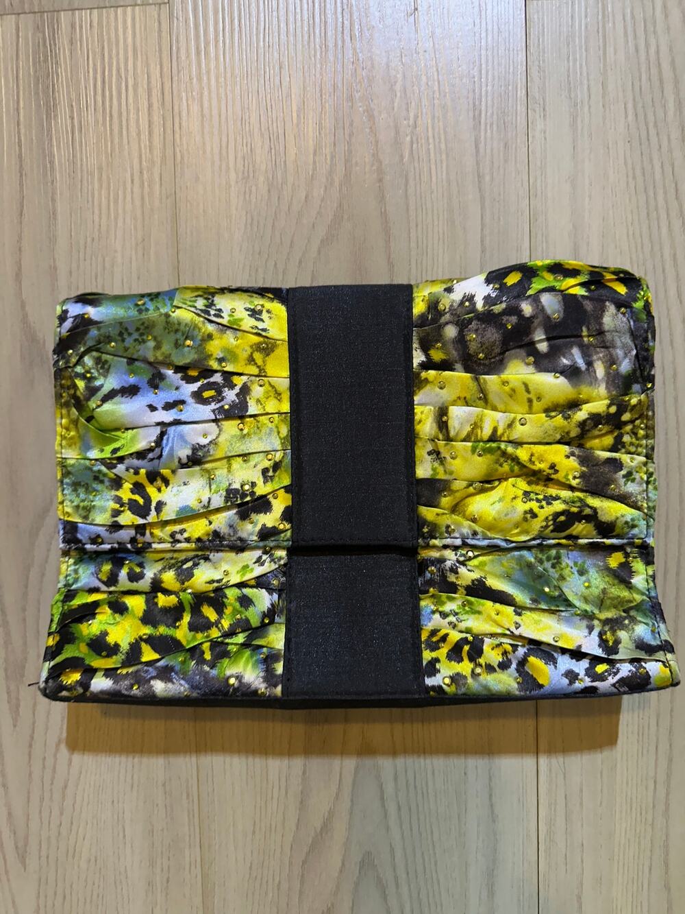 Renee Watercolor Animal Print Rhinestone Pleated Satin Clutch Handbag 11.5"